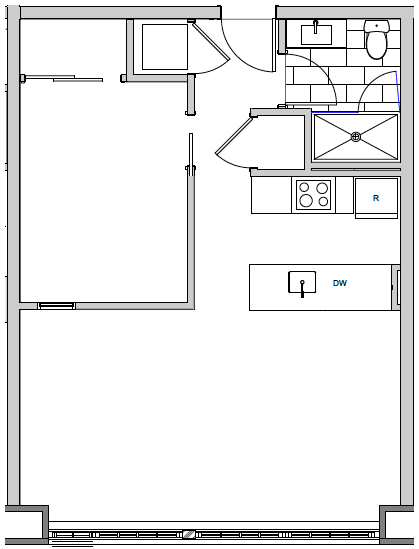 Floor plan for 1 bed, 1 bath, 663 sqft